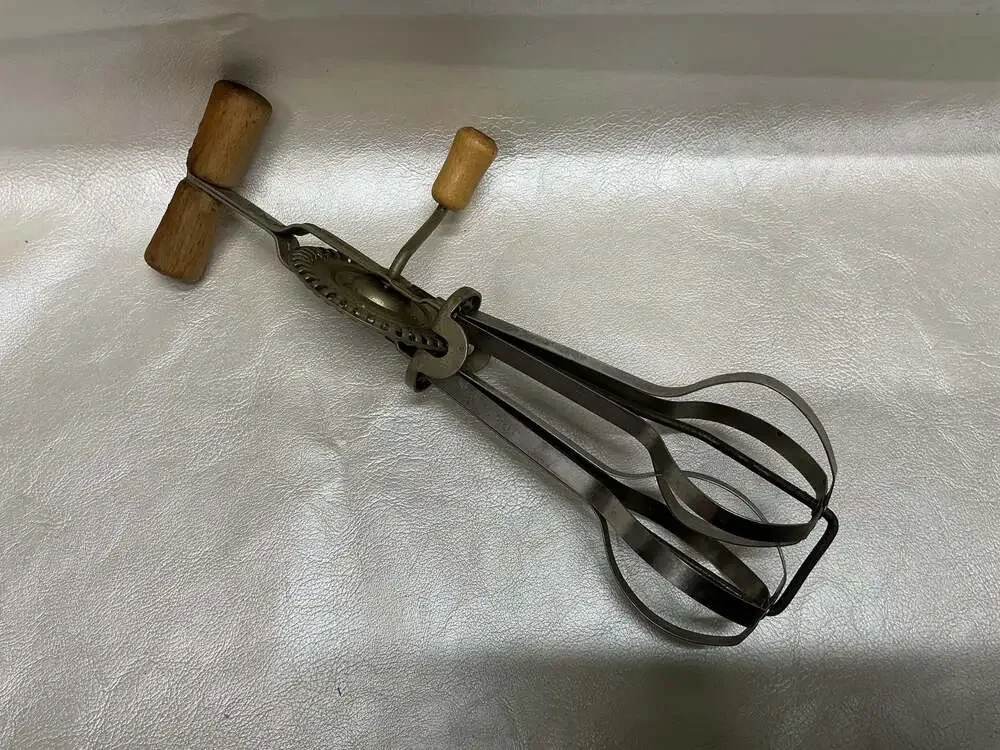 Vintage Stainless Steel Hand Crank Egg Beater Mixer with Wooden Handles